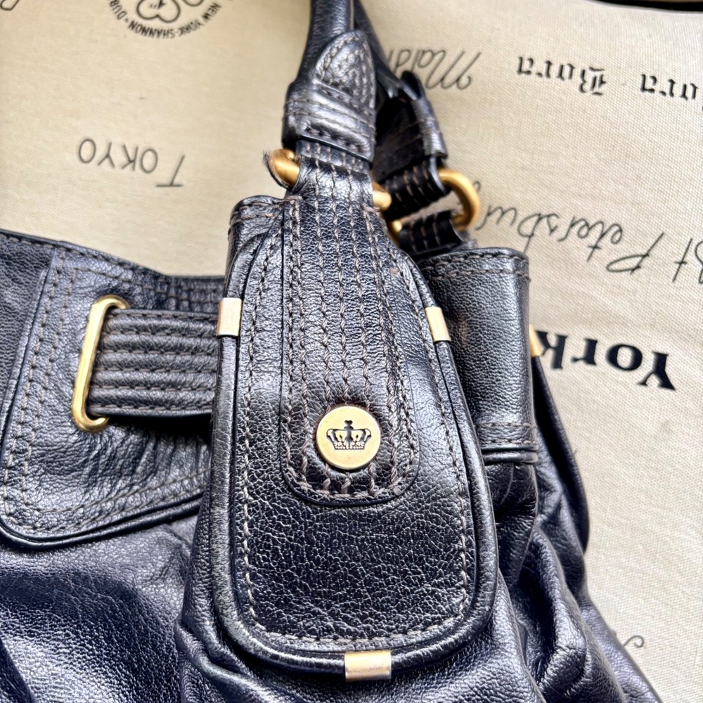 Y2K Juicy Couture Black Genuine Leather Pleated Hobo Shoulder Bag Gold Hardware - Picture 10 of 13